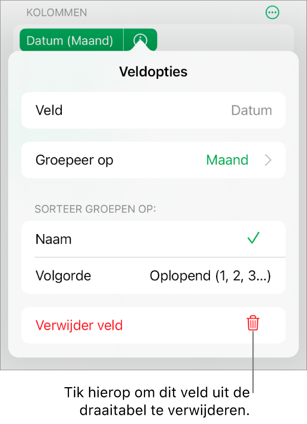 Het menu 'Veldopties', met de regelaars voor het groeperen en sorteren van gegevens, en de optie om een veld te verwijderen.