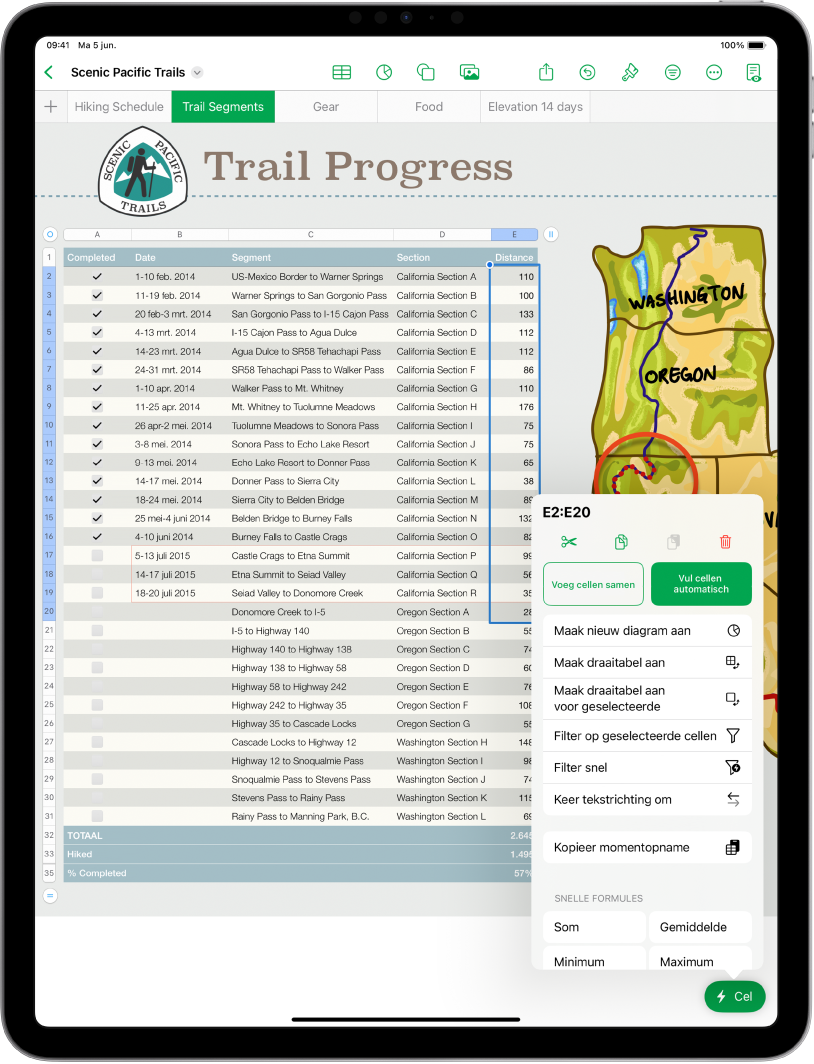 Een spreadsheet met daarin een tabel met wandelroutes en de afstand van elke route. Het celtaakmenu is geopend met daarin opties voor het toevoegen van formules, datums, opmerkingen en filters.