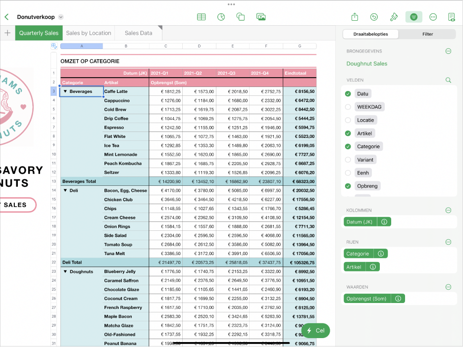 Een spreadsheet met de regelaars voor 'Draaitabelopties' in de navigatiekolom 'Organiseer' aan de rechterkant van het scherm.