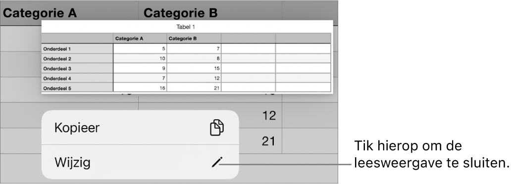 Er is een tabelcel geselecteerd en erboven staat een menu met de knoppen 'Kopieer' en 'Wijzig'.