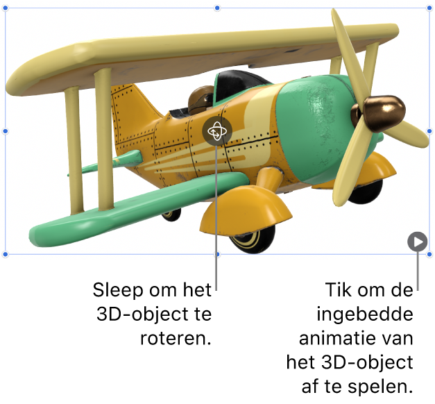 Een 3D-object met de roteerknop in het midden van het object en de afspeelknop in de rechterbenedenhoek.