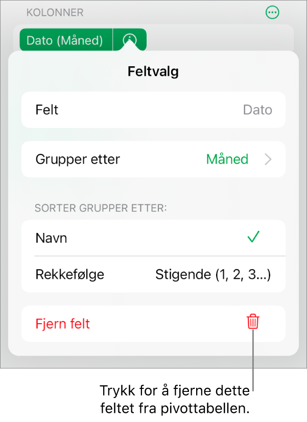 Feltvalg-menyen med kontroller for å gruppere og sortere data samt valget for å fjerne et felt.