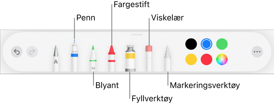 Tegneverktøylinjen med en penn, blyant, fargestift, fyllverktøy, viskelær, markeringsverktøy og fargefelt som viser den gjeldende fargen. Helt til høyre er Mer-menyknappen