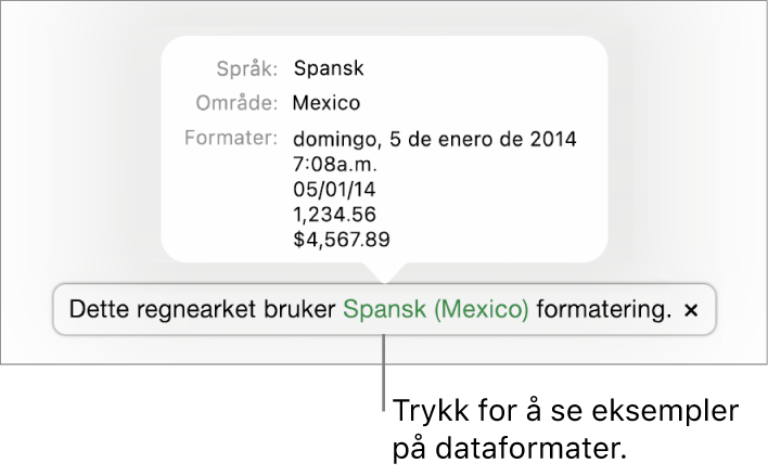 Varsling som viser en annen språk- og regionsinnstilling, med eksempler på formatering for det språket og den regionen.