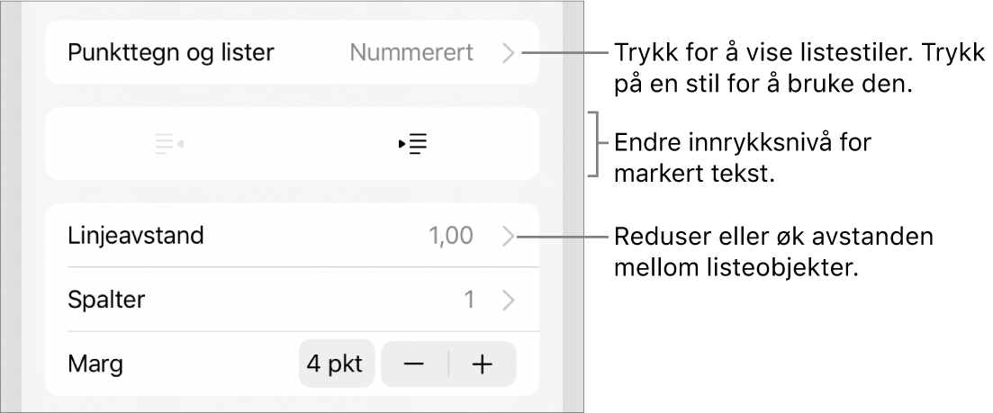 Punkttegn og lister-delen i Format-kontroller med bildeforklaringer for Punkttegn og lister, utrykk- og innrykk-knapper og linjeavstandskontroller.