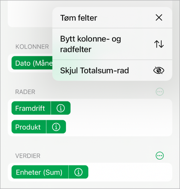 Flere feltvalg-menyen, med kontroller for å skjule totalsummer, bytte kolonne- og radfelter og tømme felter.
