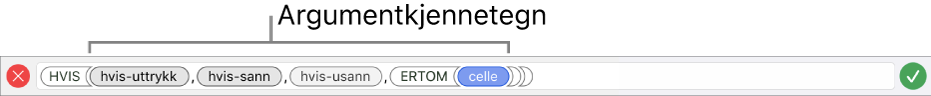 Formelredigering, som viser en funksjon med argumentelementer.