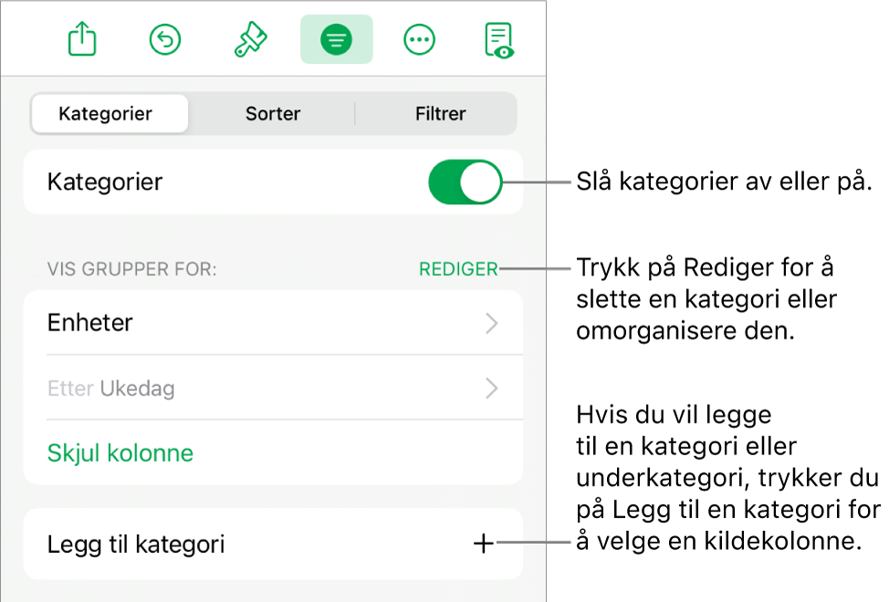 Kategorier-menyen for iPad med alternativer for å slå av kategorier, slette kategorier, omgruppere data, skjule en kildekolonne og legge til kategorier.