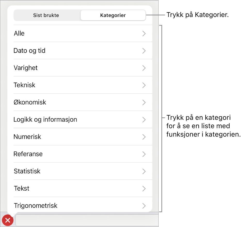 Funksjonsnavigeringen med Kategorier-knappen markert, og listen med kategorier nedenfor.