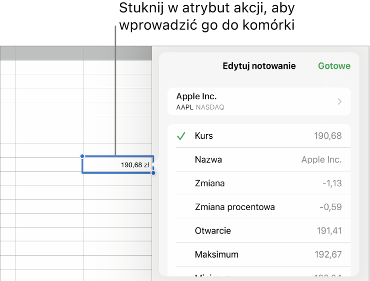 Okno nałożone Wstaw notowanie giełdowe. Na górze widoczna jest nazwa akcji, natomiast niżej znajdują się atrybuty, które można zaznaczyć, takie jak kurs, nazwa, zmiana, zmiana procentowa, otwarcie oraz kurs najwyższy.