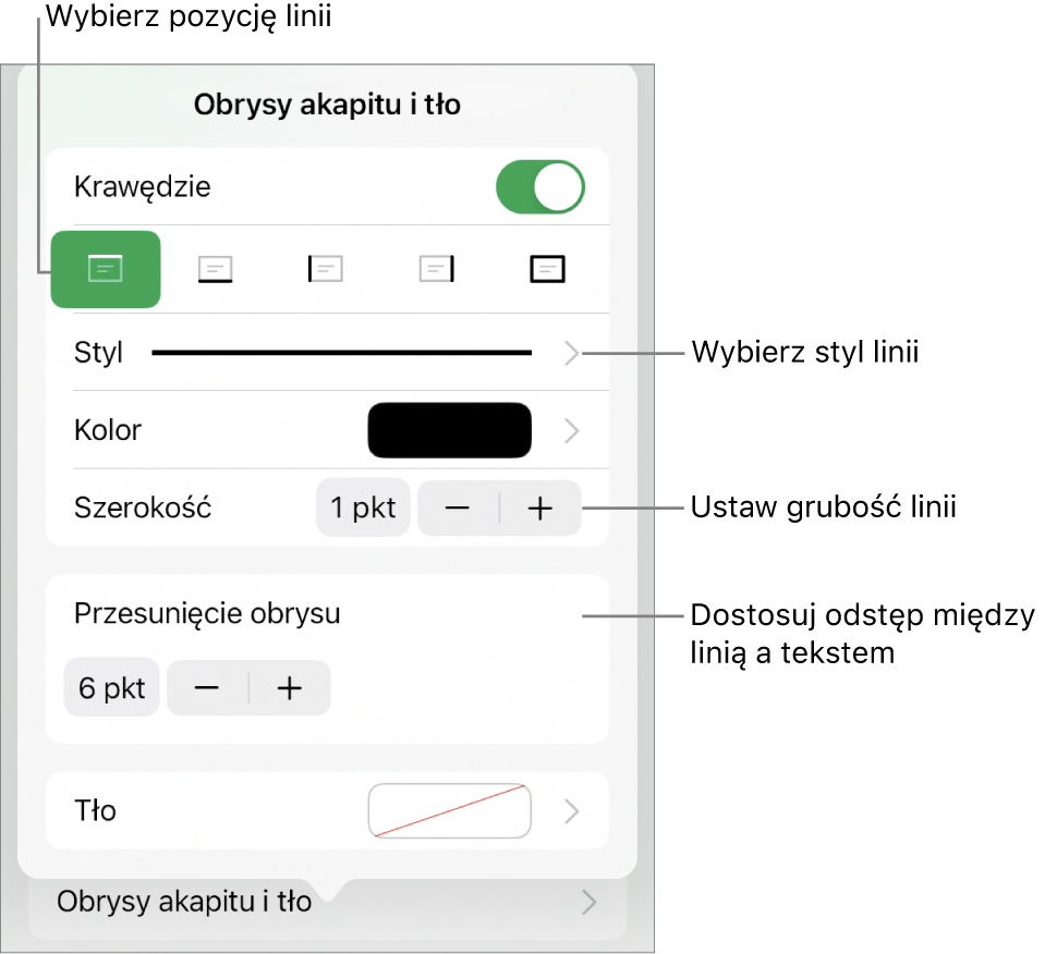 Narzędzia zmieniania stylu, grubości, pozycji i koloru linii.