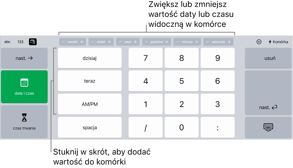 Klawiatura daty i czasu. Na górze widoczne są przyciski jednostek czasu (miesięcy, dni, lat i godzin), przy użyciu których możesz zmieniać wartości znajdujące się w komórce. Po lewej stronie znajdują się klawisze przełączające między klawiaturą daty, czasu i czasu trwania, a na środku klawiatury widoczne są klawisze z liczbami.