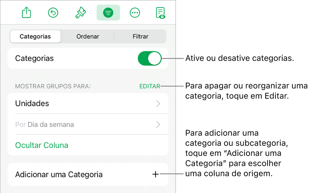 O menu Categorias para o iPad com opções para desativar categorias, apagar categorias, reagrupar dados, ocultar uma coluna de origem e adicionar categorias.