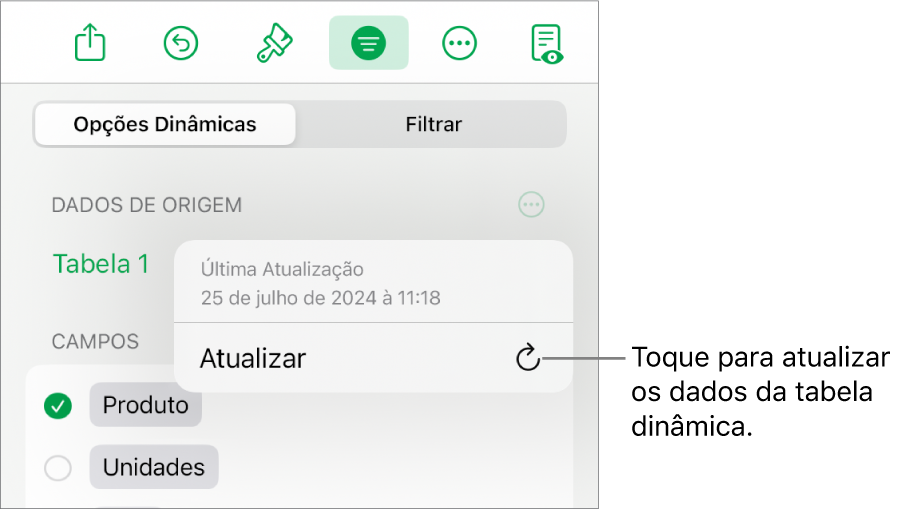 Menu Opções Dinâmicas mostrando a opção de atualizar a tabela dinâmica.