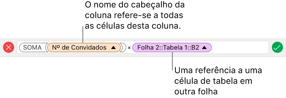 Editor de Fórmula mostrando uma fórmula referente a uma coluna de uma tabela e a uma célula de outra tabela.