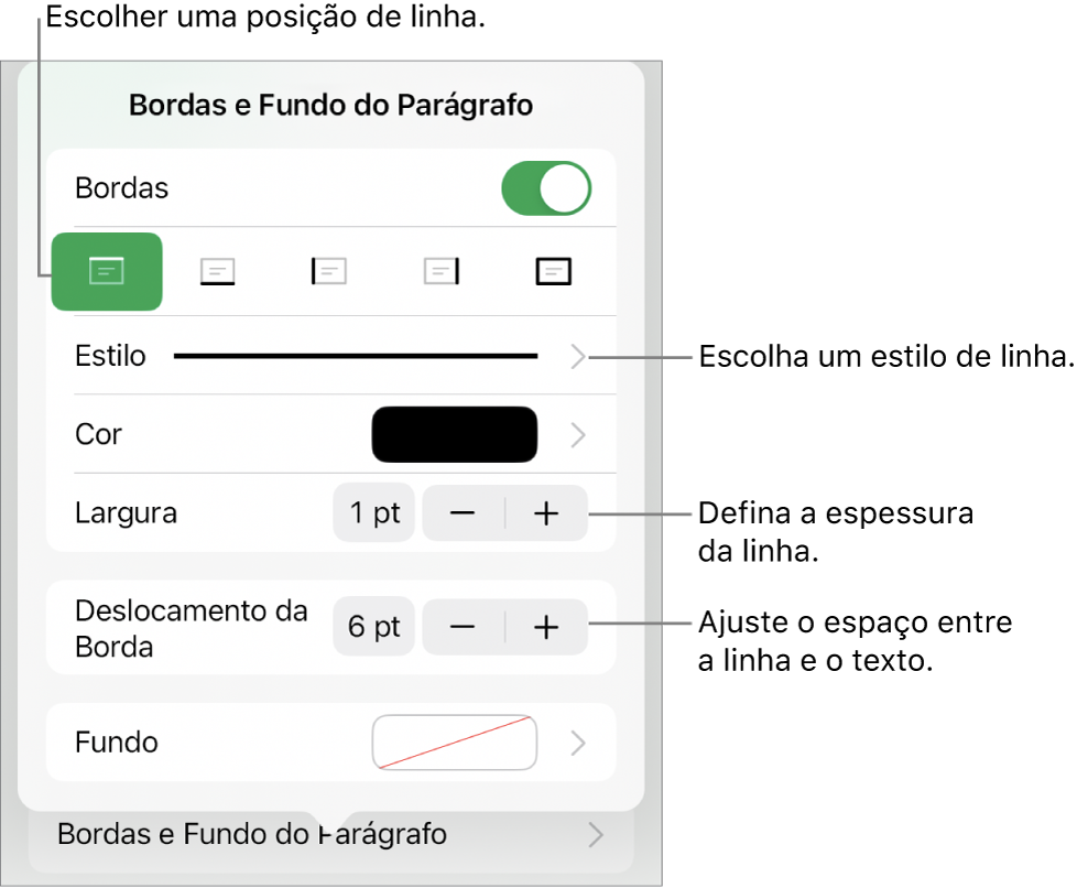 Controles para alterar o estilo, a espessura, a posição e a cor da linha.