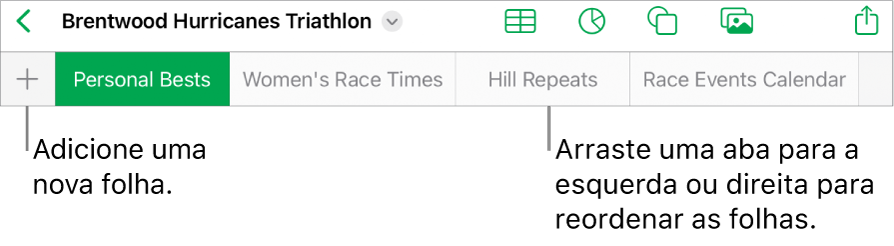 Barra de abas para adicionar uma nova folha, navegar, reorganizar e reorganizar folhas.