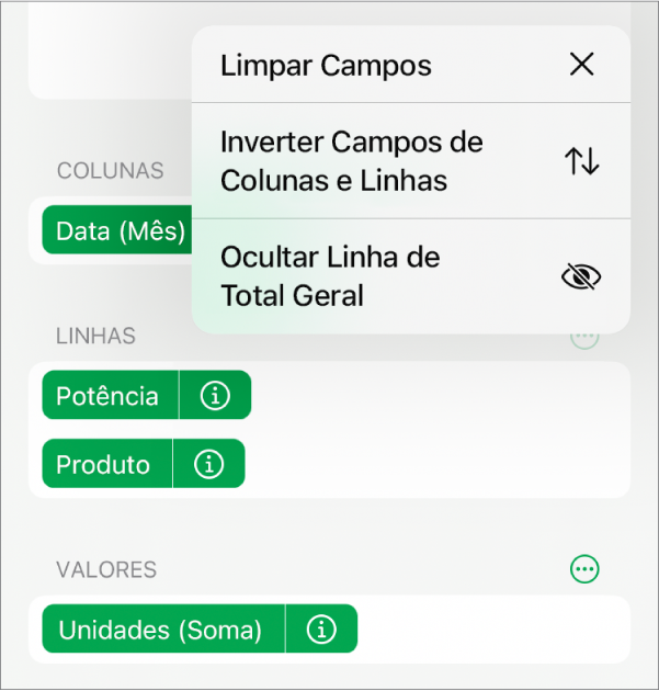 O menu Mais Opções de Campo, mostrando os controles para ocultar totais gerais, inverter campos de coluna e linha, e limpar campos.