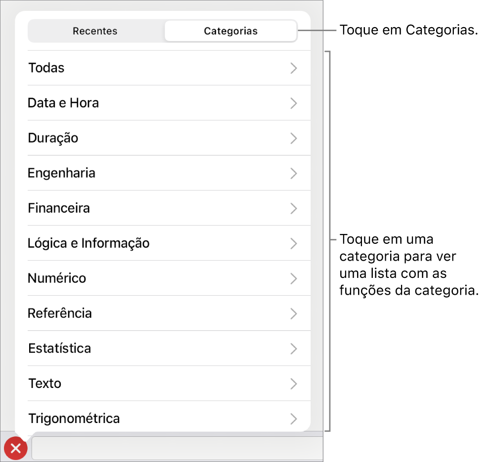 O Navegador de Funções com o botão Categorias selecionado e a lista de categorias abaixo dele.