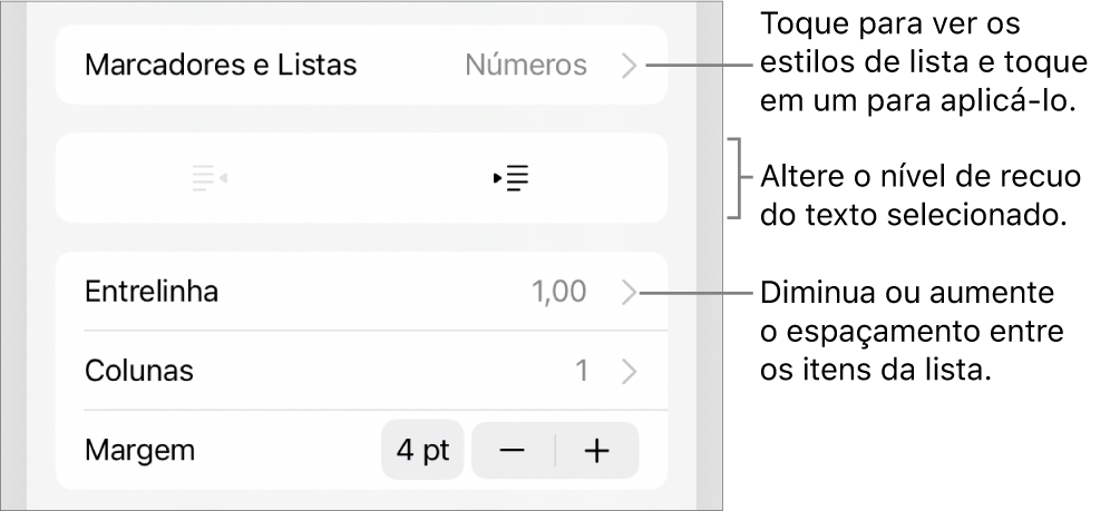 Seção “Marcadores e Listas” dos controles de Formatação, com chamadas para “Marcadores e Listas”, botões para aumentar ou diminuir o recuo e controles de entrelinha.