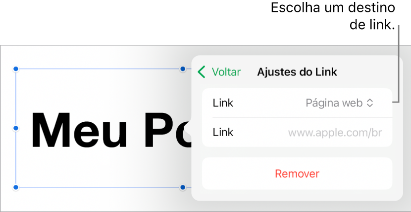 Controles de “Ajustes do Link” com Página Web selecionado e o botão Remover na parte inferior.