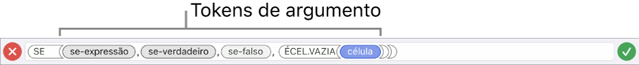 Editor de Fórmulas mostrando uma função com tokens de argumento.