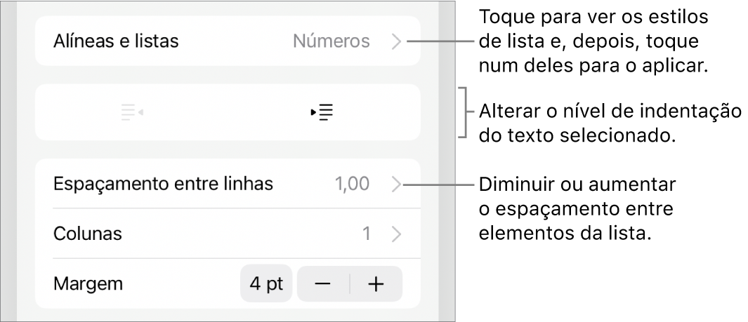 A secção “Marcas e listas” dos controlos de “Formatação” com chamadas para “Marcas e listas”, botões de remover indentação e de indentação e controlos de espaçamento.