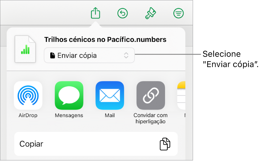 O menu “Partilhar” com “Enviar cópia” selecionada na parte superior.