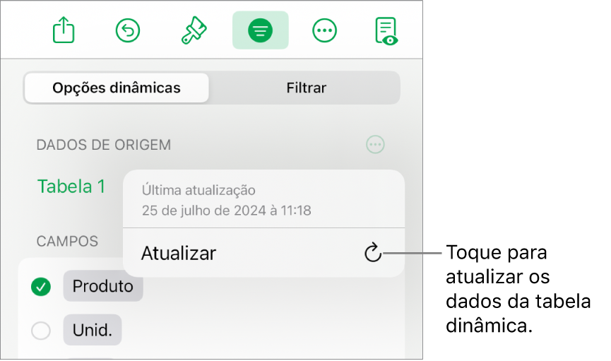 O menu "Opções dinâmicas” a mostrar a opção de atualizar a tabela dinâmica.