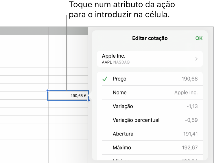 O pop-over de cotação, com o nome do título na parte superior e atributos do título selecionáveis, incluindo o preço, o nome, a variação, a variação percentual, a abertura e o preço mais alto apresentados abaixo.