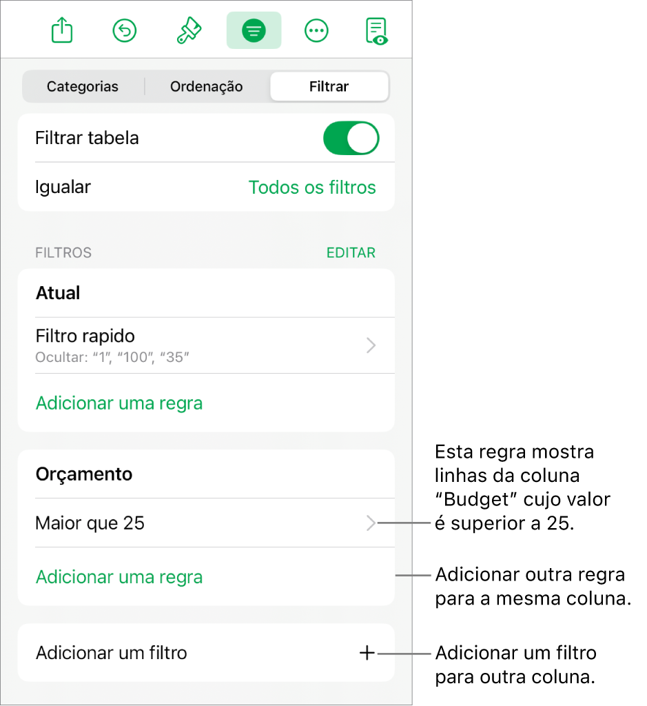 Controlos para adicionar novas regras de filtragem ou edição de regras existentes.