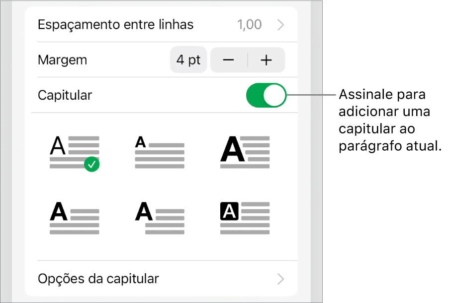 Os controlos de "Capitular” no menu “Texto”.