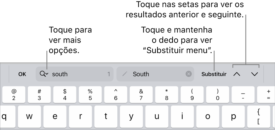 Os controlos “Procurar e substituir” acima do teclado com chamadas para os botões “Opções de pesquisa”, “Substituir”, “Ir para cima” e “Ir para baixo”.