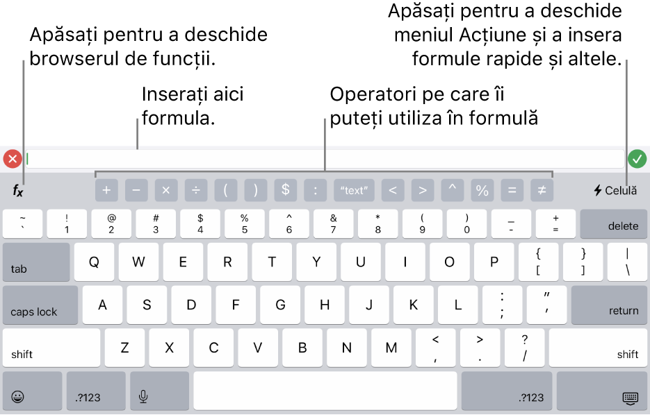 Tastatura pentru formule, cu editorul de formule în partea de sus și operatorii utilizați în formule sub acesta. Butonul Funcții pentru deschiderea browserului de funcții se află în stânga operatorilor, iar butonul pentru meniul Acțiune se află în dreapta.