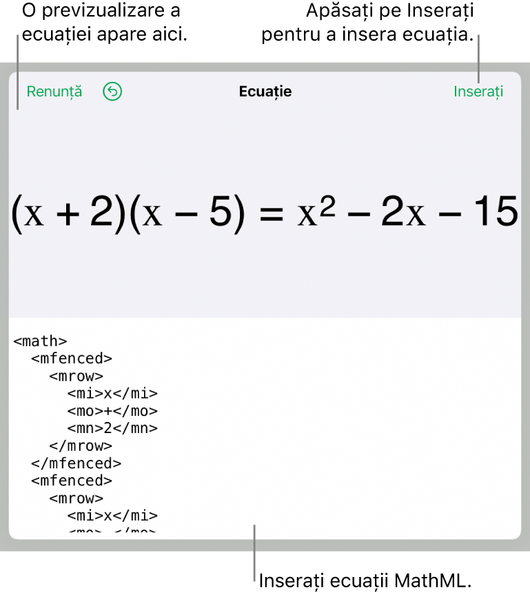 Caseta de dialog Ecuație, afișând o ecuație scrisă cu ajutorul comenzilor MathML și, deasupra, o previzualizare a formulei.
