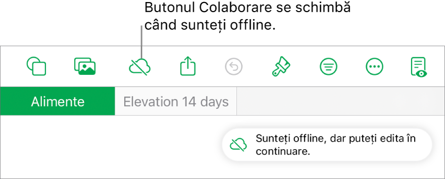 Butoanele din partea de sus a ecranului, cu butonul Colaborare transformat într-un nor traversat de o linie diagonală. Pe ecran apare o alertă „Sunteți offline, dar puteți edita în continuare”.