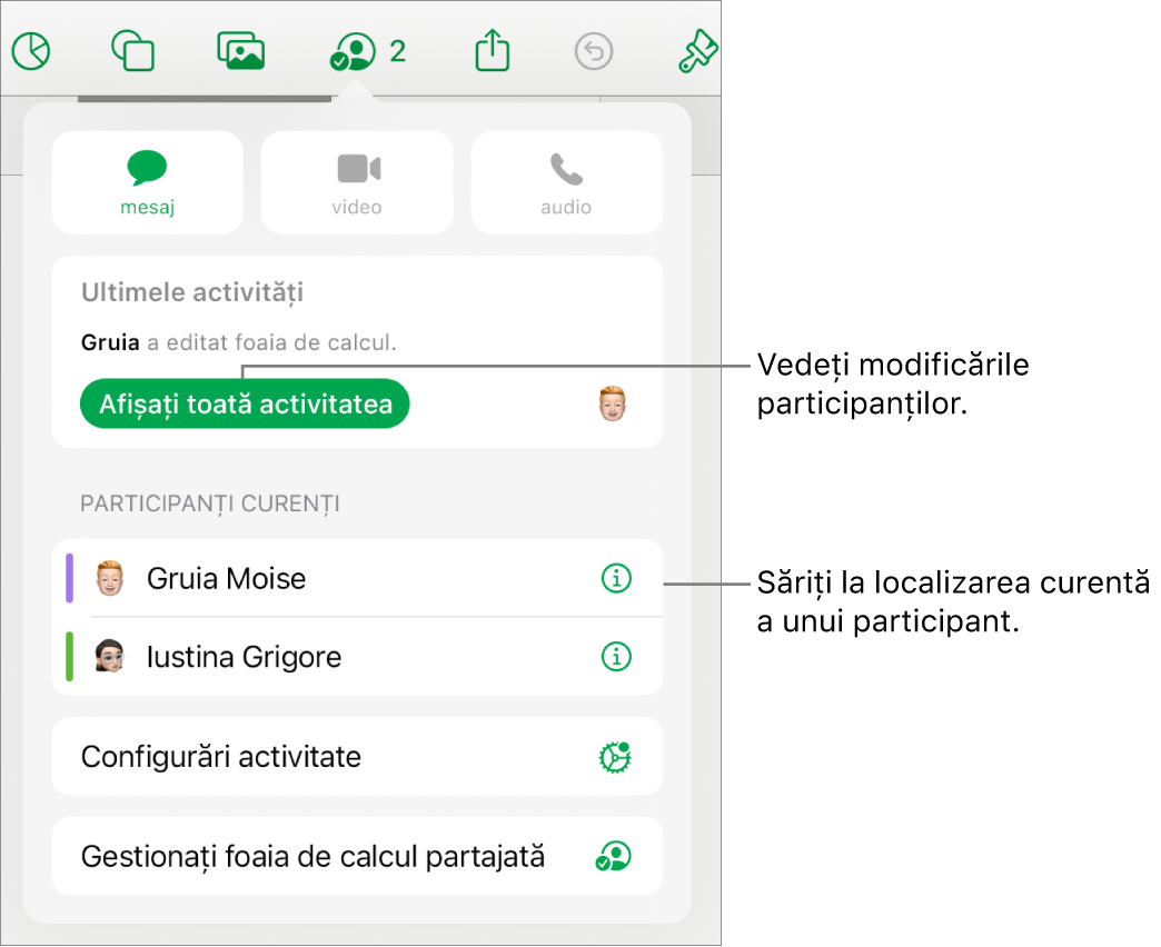 Meniul pentru colaborare cu participanții curenți listați.