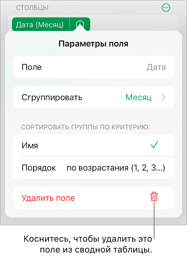 Меню параметров поля, отображающее элементы управления для группировки и сортировки данных, а также для удаления поля.
