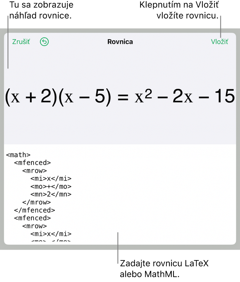 Dialógové okno Rovnica zobrazujúce rovnicu napísanú pomocou príkazov MathML, vyššie sa nachádza náhľad vzorca.