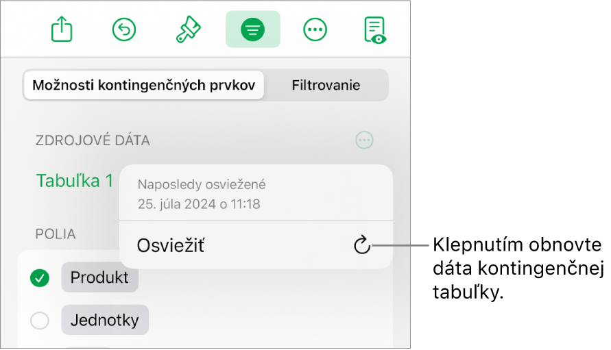 Menu Možnosti kontingenčných prvkov zobrazujúce možnosť na obnovenie kontingenčnej tabuľky.