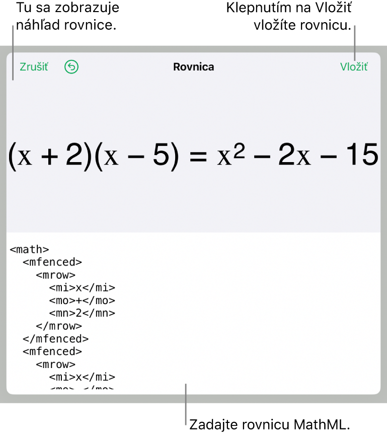 Dialógové okno Rovnica zobrazujúce rovnicu napísanú pomocou príkazov MathML, vyššie sa nachádza náhľad vzorca.