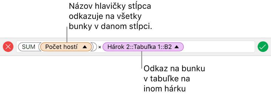 Editor vzorcov so zobrazeným vzorcom odkazujúcim na stĺpec v jednej tabuľke a bunku v druhej tabuľke.