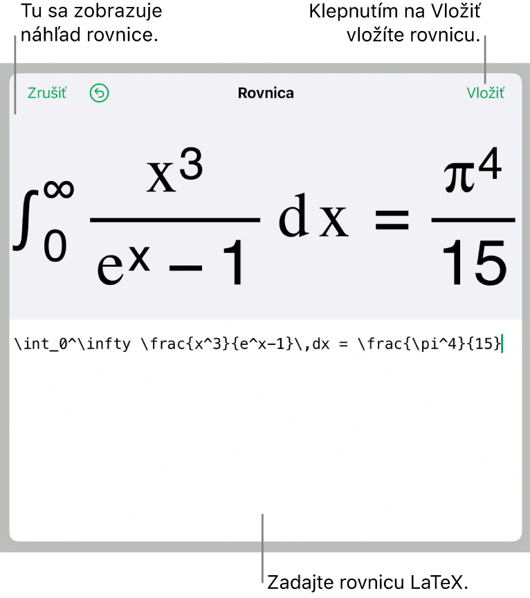 Dialógové okno Rovnica zobrazujúce rovnicu napísanú pomocou príkazov LaTeX, vyššie sa nachádza náhľad vzorca.