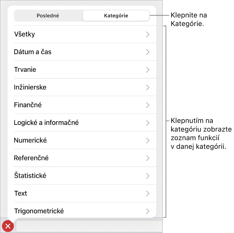 Prehliadač funkcií s označeným tlačidlom Kategórie, pod ktorým sa nachádza zoznam kategórií.