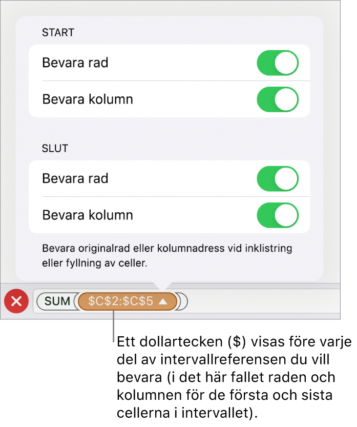 Reglagen för att ange vilka av en cells rad- och kolumnreferenser som ska bevaras om cellen flyttas eller kopieras. Ett dollartecken visas före varje del av den intervallreferens du vill bevara.
