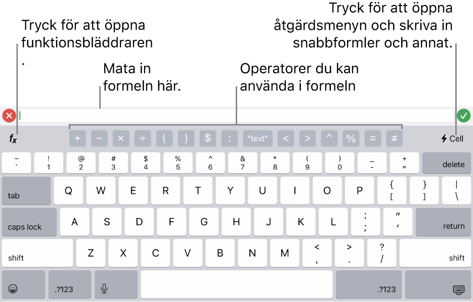 Formeltangentbordet med formelredigeraren högst upp och operatorerna som används i formler nedanför det. Funktionsknappen, som du öppnar funktionsbläddraren med, finns till vänster om operatorerna, och till höger finns åtgärdsmenyknappen.