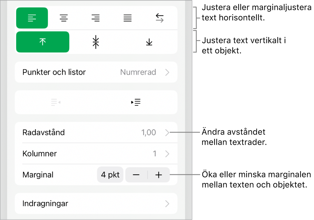 Layoutavsnittet i formatgranskaren med pilar som pekar på knapparna för textjustering och mellanrum.