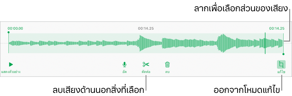 ตัวควบคุมสำหรับแก้ไขเสียงที่อัด ขอบจับจะบ่งบอกส่วนที่เลือกอยู่ของรายการอัด และปุ่มแสดงตัวอย่าง อัด ตัดต่อ ลบ และโหมดแก้ไขจะอยู่ทางด้านล่าง