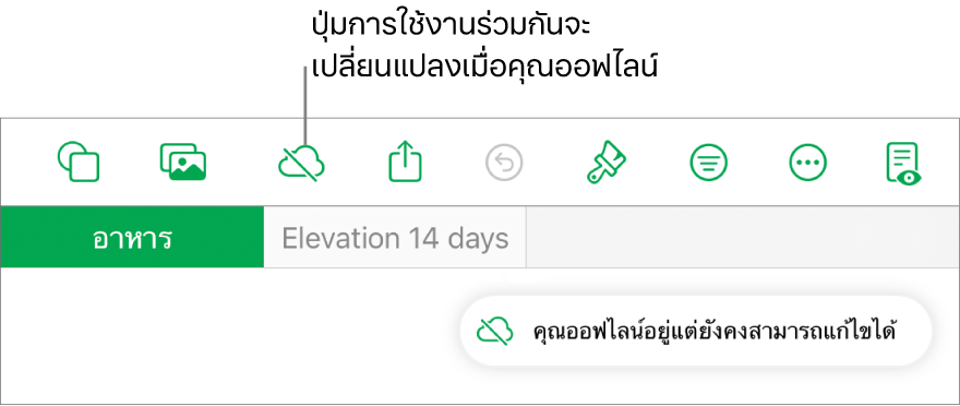 ปุ่มต่างๆ ด้านบนสุดของหน้าจอ ซึ่งมีปุ่มการใช้งานร่วมกันที่เปลี่ยนเป็นรูปเมฆที่มีเส้นทแยงมุมทะลุผ่าน การเตือนบนหน้าจอแจ้งว่า “คุณออฟไลน์อยู่แต่ยังคงสามารถแก้ไขได้”