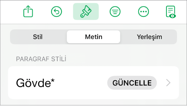 Yanında yıldız ve sağda Güncelle düğmesinin olduğu bir paragraf stili.